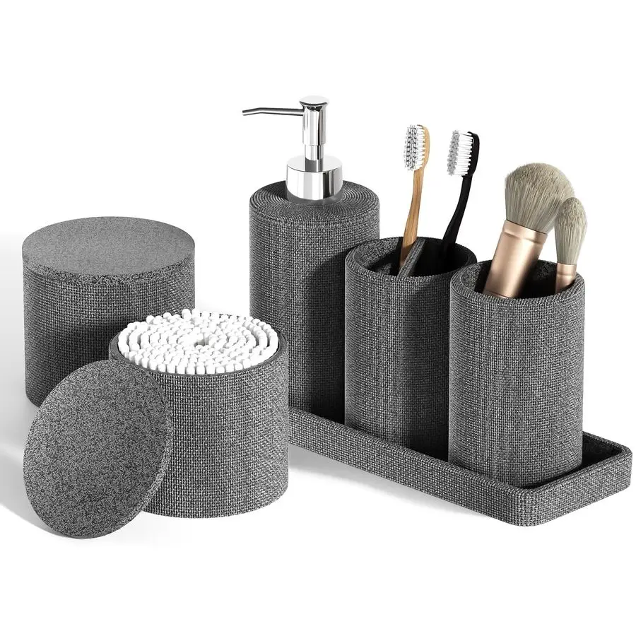 Набор из 6 предметов для ванной комнаты серого цвета: аксессуары из текстурированной смолы с сетчатой текстурой, включая дозатор для мыла, подставку для зубных щеток, стакан, поднос для туалетных принадлежностей
Набор из 6 предметов для ванной комнаты серого цвета: аксессуары из текстурированной смолы с сетчатой текстурой, включая дозатор для мыла, подставку для зубных щеток, стакан, поднос для туалетных принадлежностей