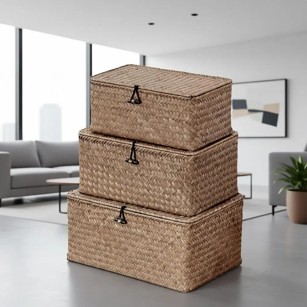 Set of 3 Seagrass Wicker Baskets with Lids - Storage Bins for Boho Decor and Home Organization
Set of 3 Seagrass Wicker Baskets with Lids - Storage Bins for Boho Decor and Home Organization