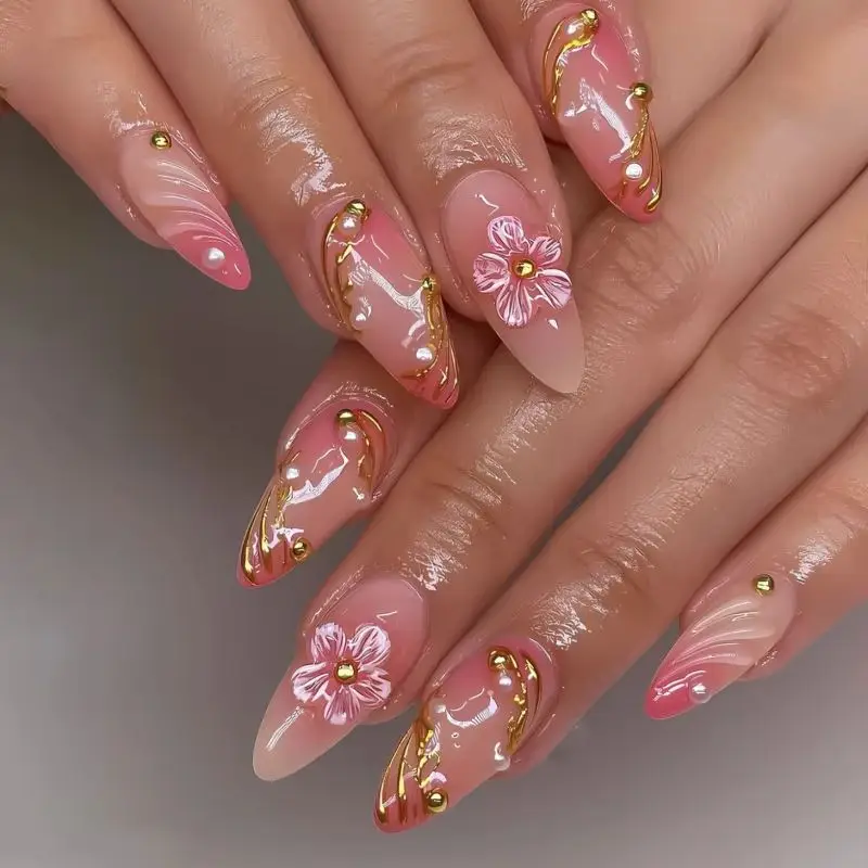 24Pcs Summer Fresh Flower Pattern Nail Set with Gold Stripes French Almond Mid-length Acrylic Nail Detachable Fashion Fake Nail
24Pcs Summer Fresh Flower Pattern Nail Set with Gold Stripes French Almond Mid-length Acrylic Nail Detachable Fashion Fake Nail
