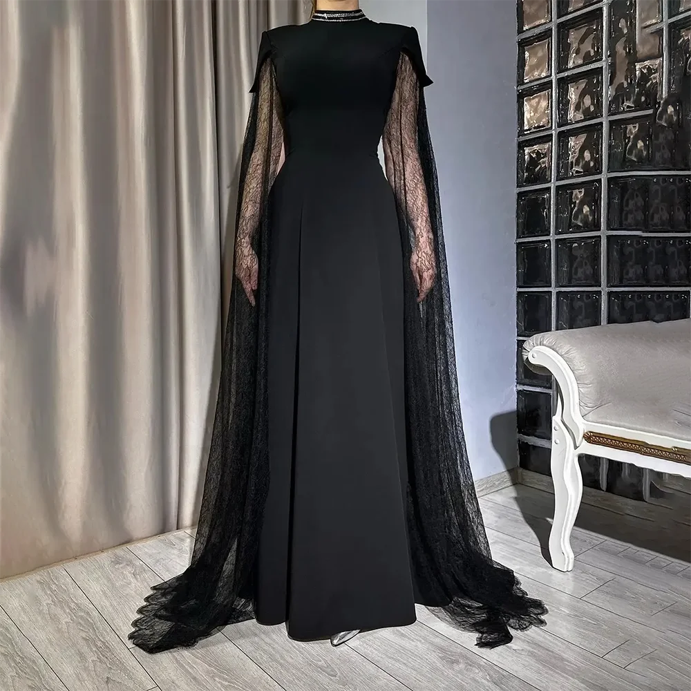Vintage Black High Evening Dresses with Lace Cape Sleeves Floor Length A Line Elegant Arabic Dubai Prom Dress
Vintage Black High Evening Dresses with Lace Cape Sleeves Floor Length A Line Elegant Arabic Dubai Prom Dress