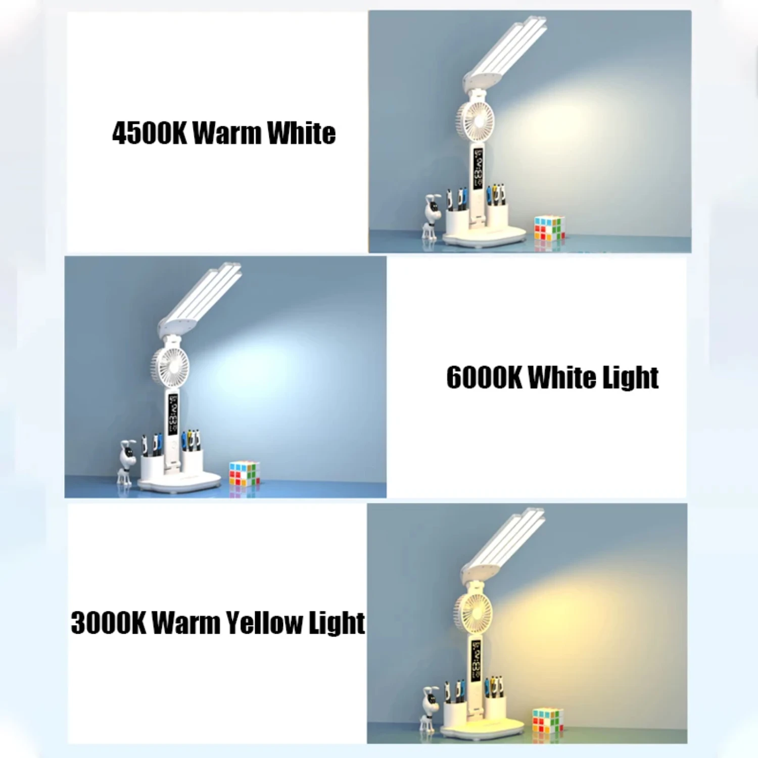 3in1 Multifunction Table Lamp LED Four-headed Folding With Fan Calendar Clock USB Rechargeable Desk light 3 color Reading Lamp
3in1 Multifunction Table Lamp LED Four-headed Folding With Fan Calendar Clock USB Rechargeable Desk light 3 color Reading Lamp