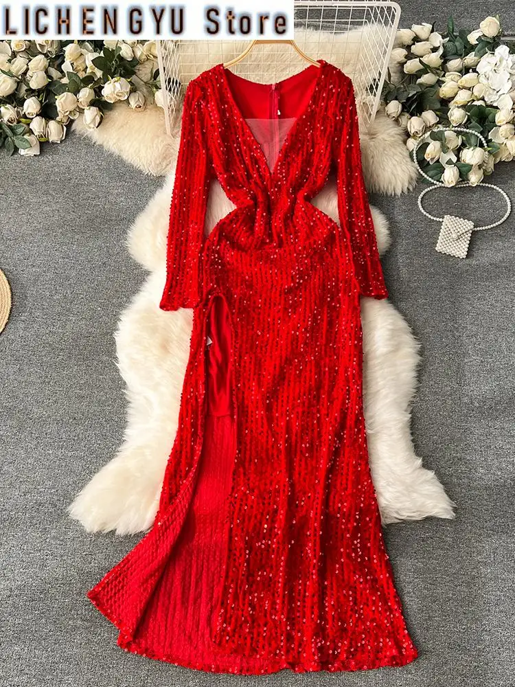 New Elegant Fashion Women's Dress V-Neck Sequins Split Solid Color High Waist A-Line Vestidos Winter Spring
New Elegant Fashion Women's Dress V-Neck Sequins Split Solid Color High Waist A-Line Vestidos Winter Spring