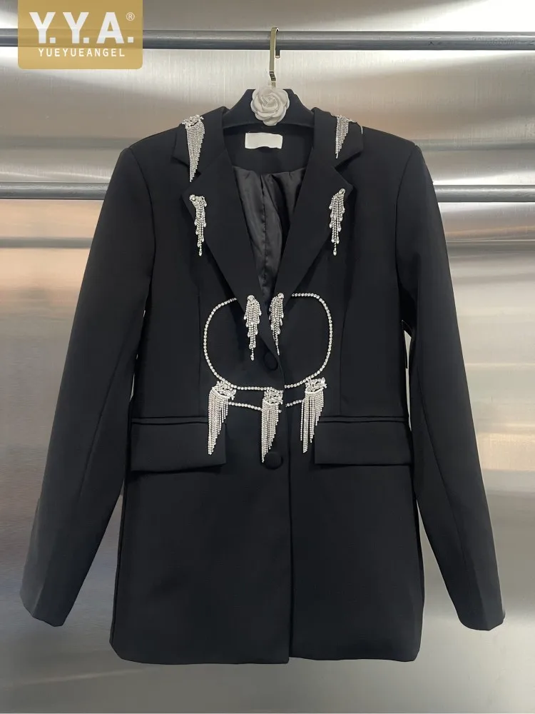 Элегантный женский деловой пиджак с одной пуговицей, с отложным воротником, длинными рукавами, дизайнерский, с цепочкой из страз, модный повседневный блейзер
Элегантный женский деловой пиджак с одной пуговицей, с отложным воротником, длинными рукавами, дизайнерский, с цепочкой из страз, модный повседневный блейзер