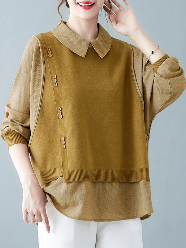 Fashionable Knitted Splice Long Sleeve Shirt Women's Spring Autumn plus Size Slimming Top Collar Single Button Closure
Fashionable Knitted Splice Long Sleeve Shirt Women's Spring Autumn plus Size Slimming Top Collar Single Button Closure