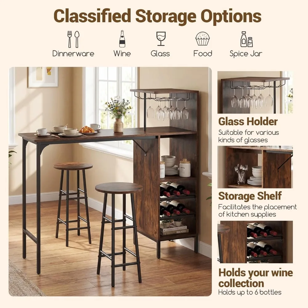 3 Pieces Bar Table and Stools Set, Bistro Table Set with Glass Holder, 2 Tier Wine Rack & Storage Shelves, Customized
3 Pieces Bar Table and Stools Set, Bistro Table Set with Glass Holder, 2 Tier Wine Rack & Storage Shelves, Customized