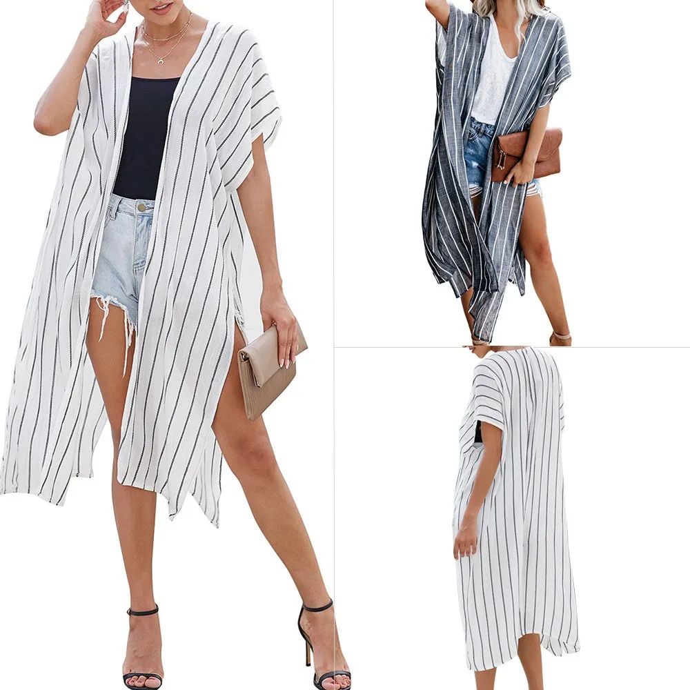 Beachwear Cover Up Boho Striped Kimono Pareo Women's Beachwear Leaf Print Swim Cover Up Short Sleeve Blue Gray Stripes Cover Ups
Beachwear Cover Up Boho Striped Kimono Pareo Women's Beachwear Leaf Print Swim Cover Up Short Sleeve Blue Gray Stripes Cover Ups