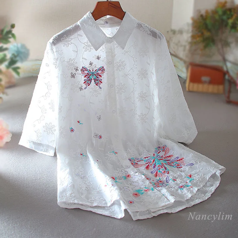 Summer Lapels Shirts Women Mid-Length Super Fairy Beautiful Machine Embroidery Loose High-Grade Pure Cotton Transparent Blouse
Summer Lapels Shirts Women Mid-Length Super Fairy Beautiful Machine Embroidery Loose High-Grade Pure Cotton Transparent Blouse