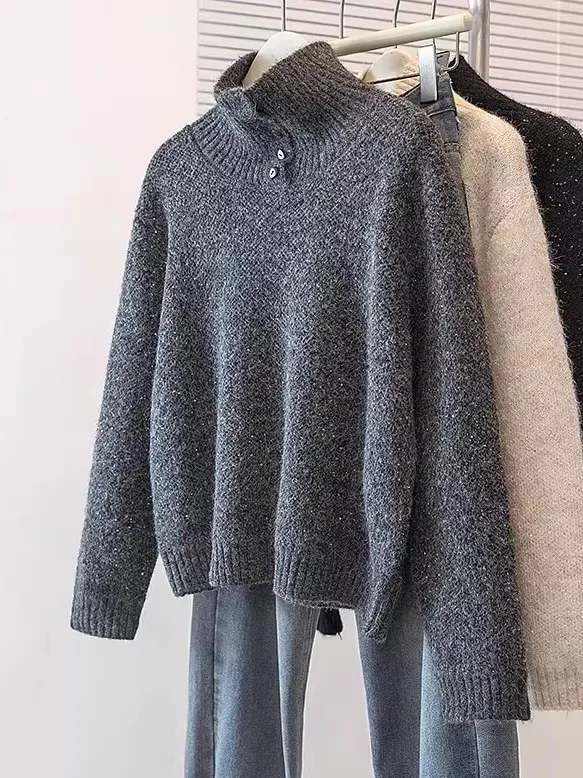 Gray High Collar Shoulder Length Women's Knitwear Lazy Style Large Size Winter Fashion Commute Style Loose Fit Long Sleeve
Gray High Collar Shoulder Length Women's Knitwear Lazy Style Large Size Winter Fashion Commute Style Loose Fit Long Sleeve