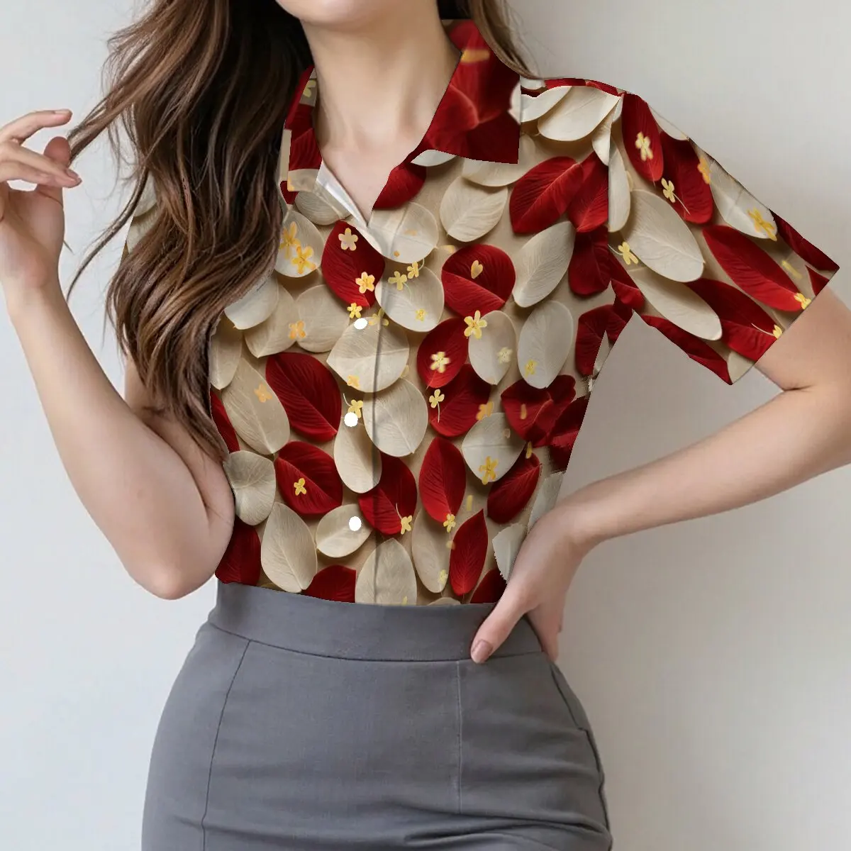 Summer women's short-sleeve shirt, sweet and romantic floral pattern, elegant texture for business casual wear.
Summer women's short-sleeve shirt, sweet and romantic floral pattern, elegant texture for business casual wear.