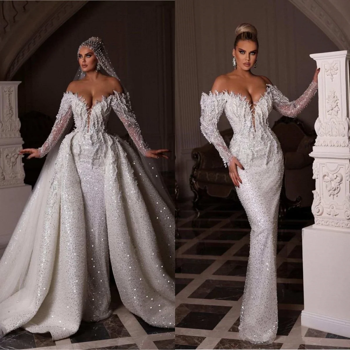 Gorgeous Beading Mermaid Wedding Dresses Lace Appliqued Long Sleeve Bridal Gowns Detachable Train Floor Length Robe de mariée
Gorgeous Beading Mermaid Wedding Dresses Lace Appliqued Long Sleeve Bridal Gowns Detachable Train Floor Length Robe de mariée