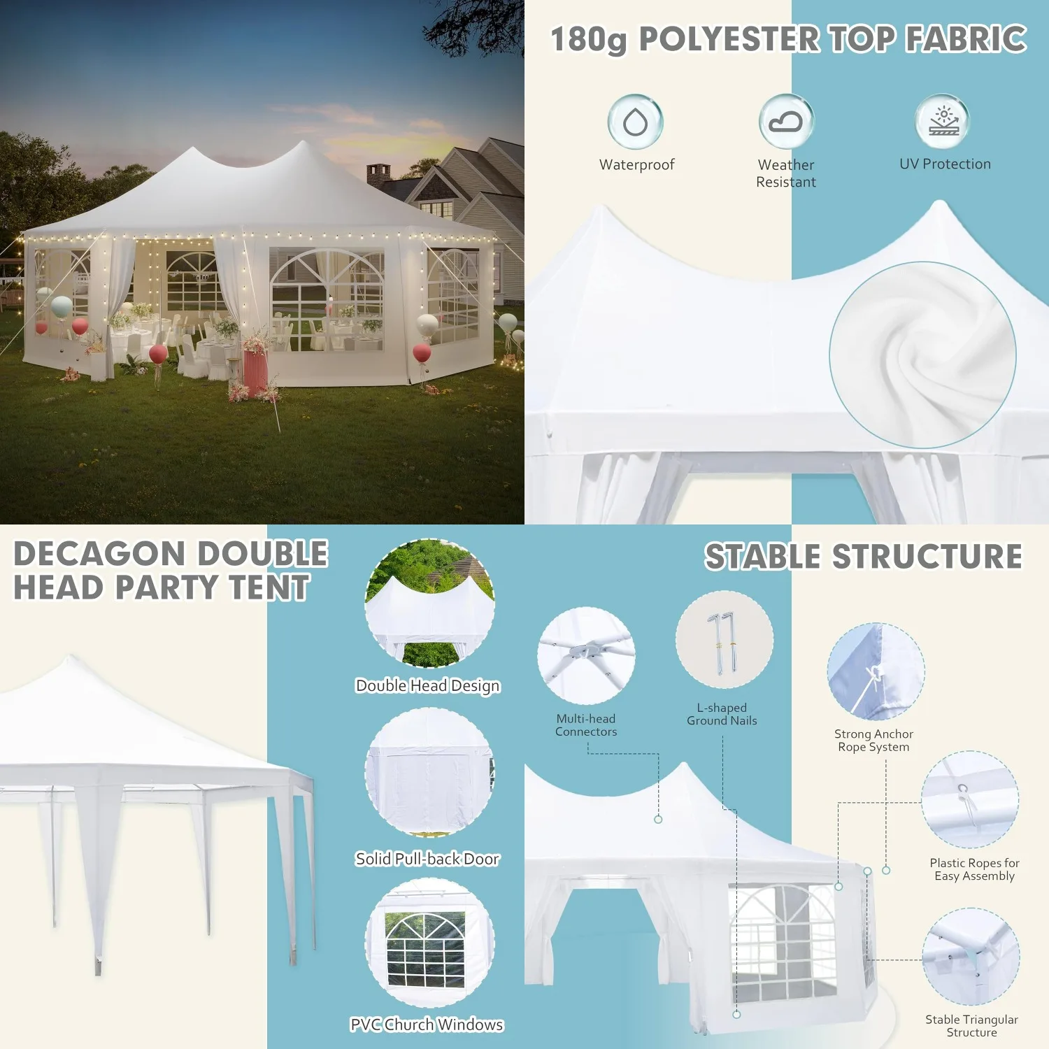 26x19ft White Decagonal Party Tent 8 Removable Sidewalls 8 Windows 2 Doors Outdoor Wedding, Customized
26x19ft White Decagonal Party Tent 8 Removable Sidewalls 8 Windows 2 Doors Outdoor Wedding, Customized