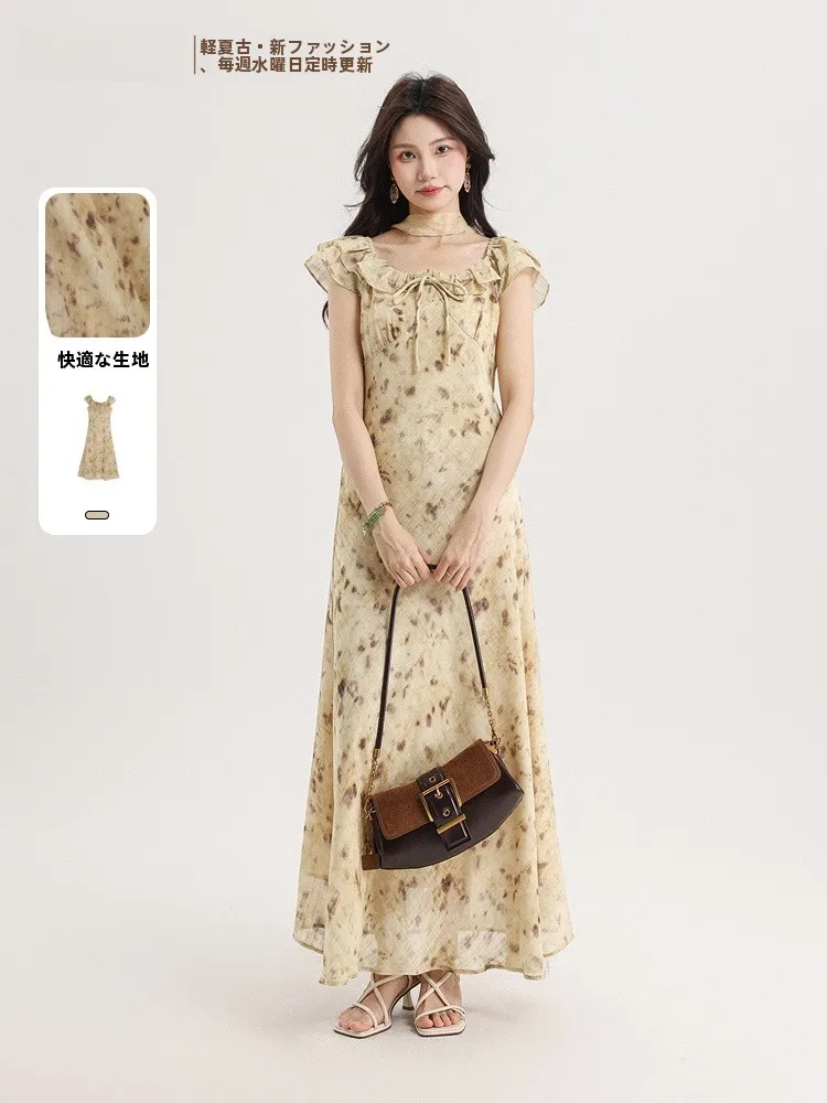 Retro Chilly round Neck Long Dress Memory's Starting Point Summer New Arrival Korean Style Natural Waist Polyester Fiber
Retro Chilly round Neck Long Dress Memory's Starting Point Summer New Arrival Korean Style Natural Waist Polyester Fiber