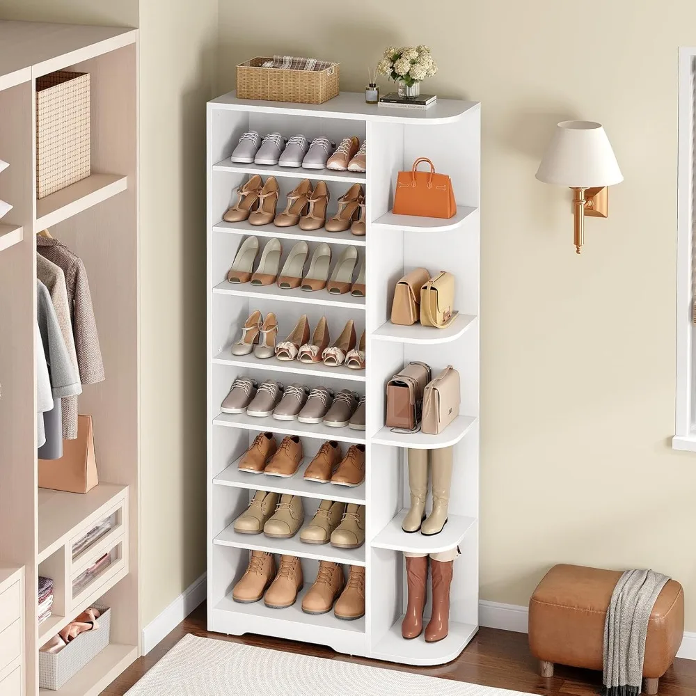Tall Shoe Cabinet with Open Storage, Multifunctional Shoe Rack, 9-Tier Wooden Shoe Storage Cabinet with Adjustable, Customized