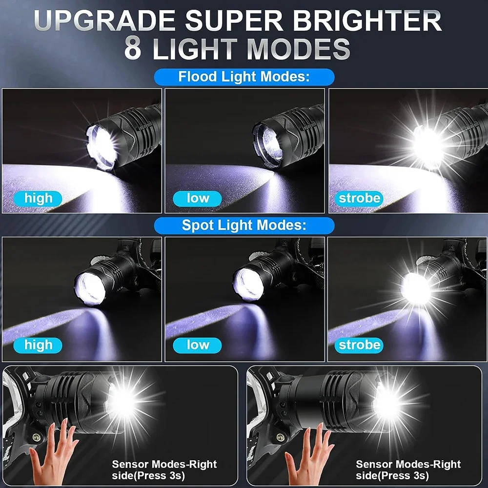 300000 High Lumen LED Senson Headlamp 80W with fluoresce Headlamp Flashlight Zoom IP68 Waterproof Head Lamp for Camping, Hunting
300000 High Lumen LED Senson Headlamp 80W with fluoresce Headlamp Flashlight Zoom IP68 Waterproof Head Lamp for Camping, Hunting