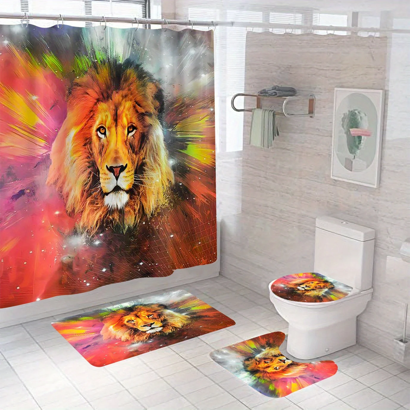 Majestic Lion Bathroom Set: Waterproof Curtain, Soft Contour Carpet, Fashionable Toilet Lid, Non Slip Bath Mat
Majestic Lion Bathroom Set: Waterproof Curtain, Soft Contour Carpet, Fashionable Toilet Lid, Non Slip Bath Mat