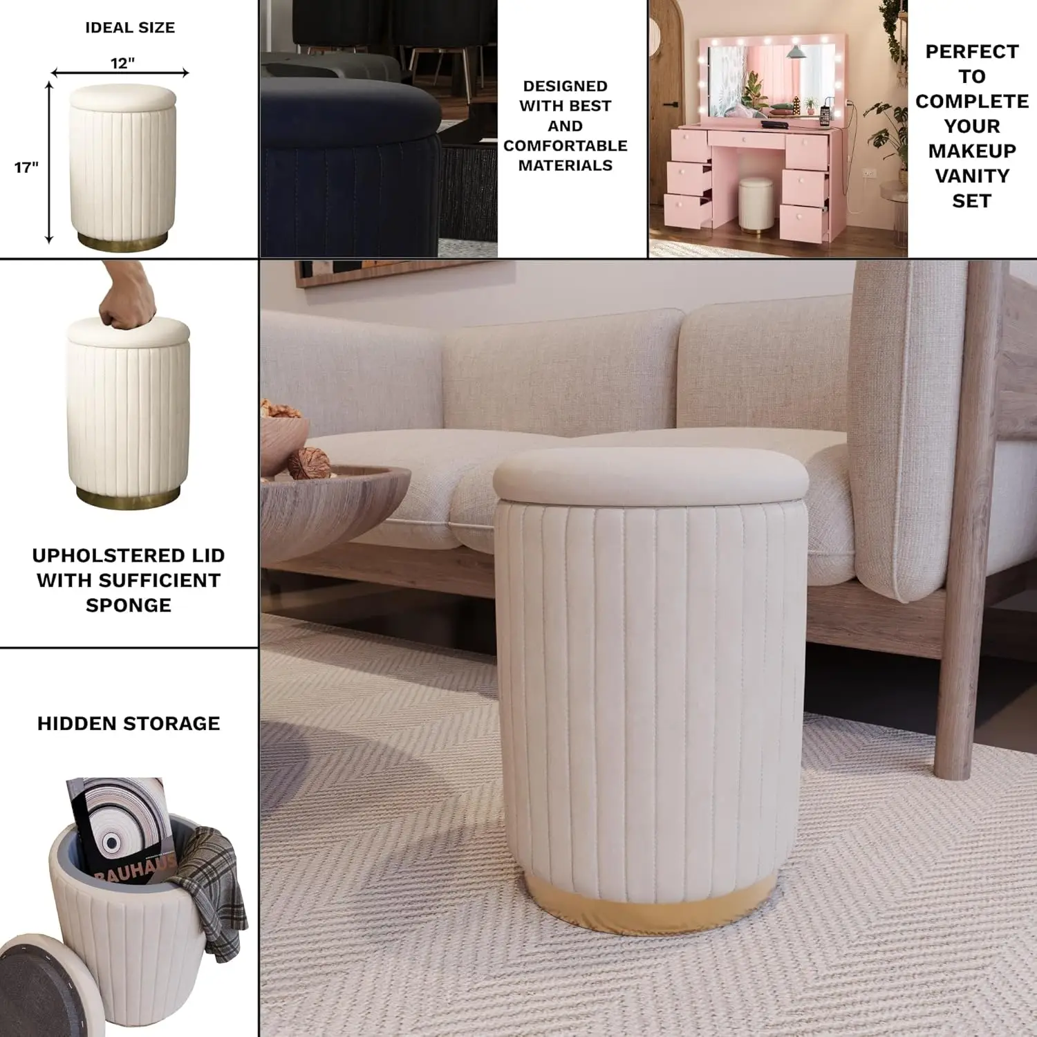 Makeup Vanity Stool With Storage White Velvet Ottoman & Footrest, Compact Round Vanity Chair - For Small Spaces
Makeup Vanity Stool With Storage White Velvet Ottoman & Footrest, Compact Round Vanity Chair - For Small Spaces