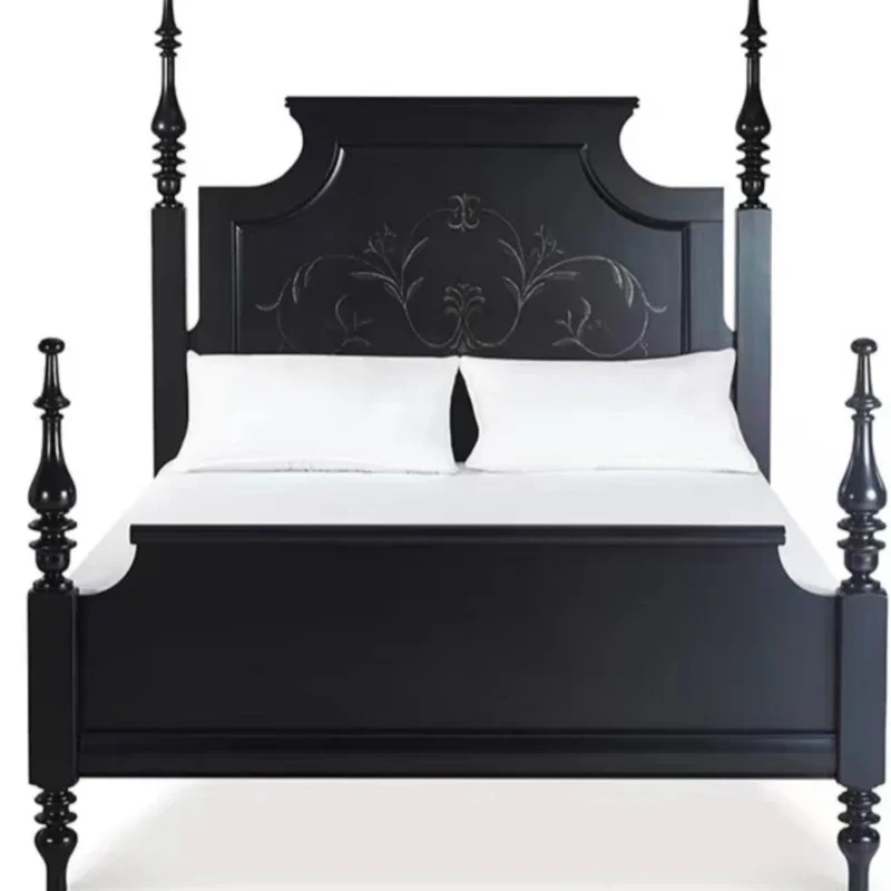 Meijia full solid wood bed French retro simple hand-painted double master bedroom furniture black high-end pillar wedding bed 
Meijia full solid wood bed French retro simple hand-painted double master bedroom furniture black high-end pillar wedding bed