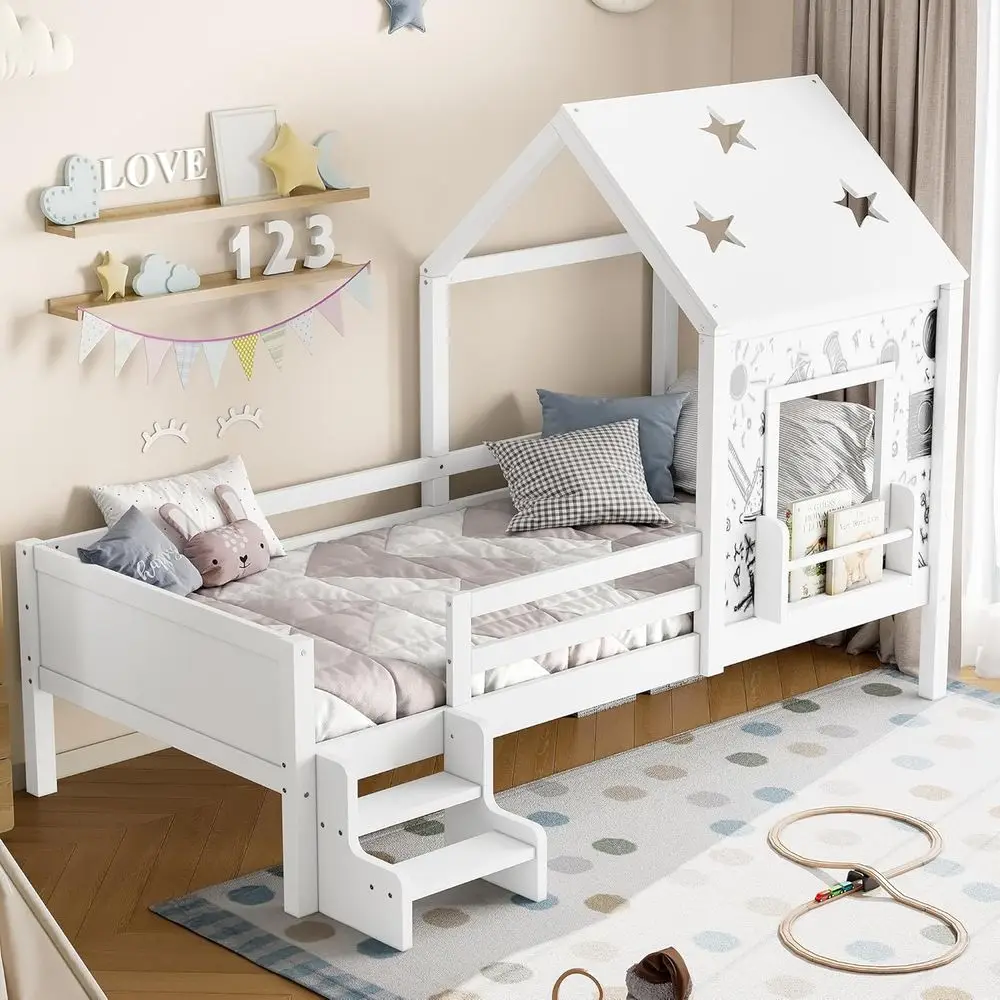 Twin-Sized Wooden Platform Bed with Low-Profile Steps, Window, Star Roof, Bookcase, and Blackboard for Kids' Safe Bedroom (White
Twin-Sized Wooden Platform Bed with Low-Profile Steps, Window, Star Roof, Bookcase, and Blackboard for Kids' Safe Bedroom (White