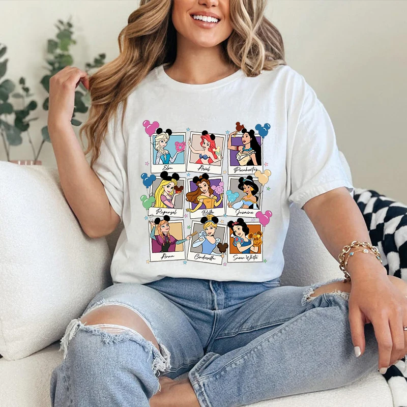 Женская футболка с принтом Белоснежки, Золушки, Эльзы, Русалочки, Ариэль, хлопковый повседневный топ с короткими рукавами 
Женская футболка с принтом Белоснежки, Золушки, Эльзы, Русалочки, Ариэль, хлопковый повседневный топ с короткими рукавами