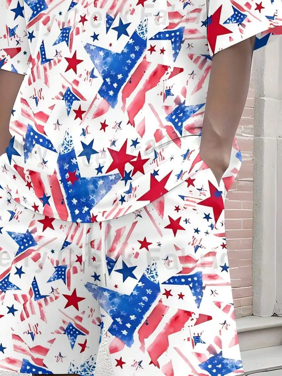 Mens Summer Two Piece Set With Red Blue Star Flag Print Loose Fit Breathable
Mens Summer Two Piece Set With Red Blue Star Flag Print Loose Fit Breathable