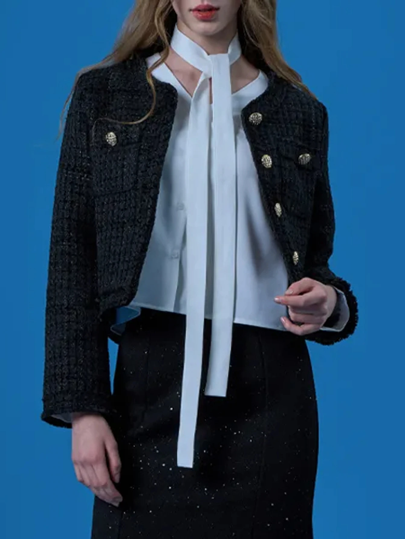 Women's Round Neck Gold Button Tweed Cropped Jacket, Luxury Socialite Style Elegant Commute -style TopA
Women's Round Neck Gold Button Tweed Cropped Jacket, Luxury Socialite Style Elegant Commute -style TopA