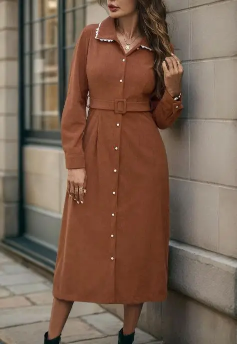 Womens Dresses Autumn and Winter New Elegant and Dignified Dress with Lapel Patchwork Lace Long Sleeved Shirt and Corduroy Dress 
Womens Dresses Autumn and Winter New Elegant and Dignified Dress with Lapel Patchwork Lace Long Sleeved Shirt and Corduroy Dress