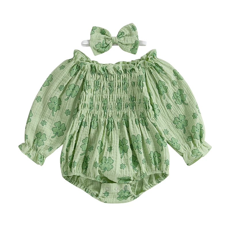 Baby Girls Spring Outfits Shamrock Pattern Crew Neck Bubble Long Sleeve Smocked Newborn Romper with Bow Headband 2 Pcs Set
Baby Girls Spring Outfits Shamrock Pattern Crew Neck Bubble Long Sleeve Smocked Newborn Romper with Bow Headband 2 Pcs Set