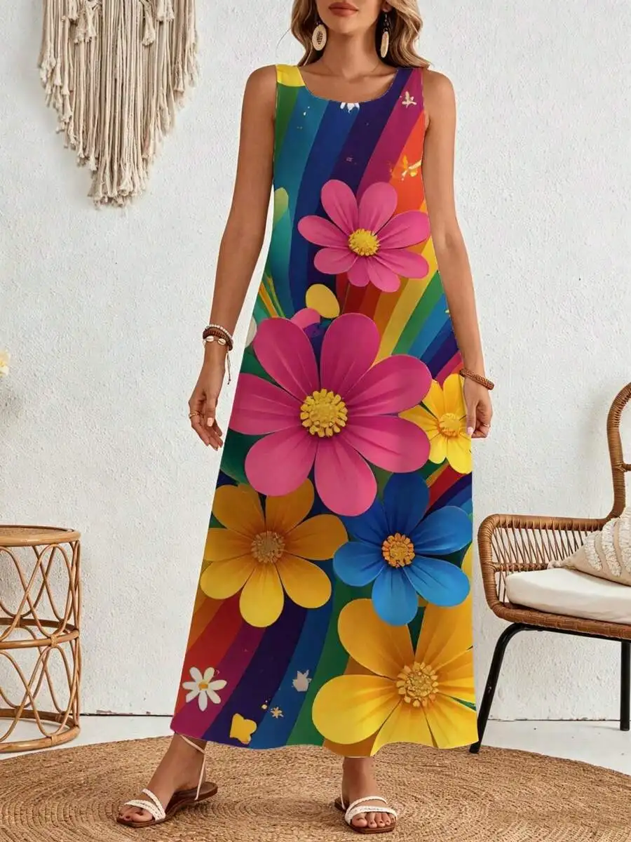 Floral Print Sleeveless Maxi Dress Rainbow Color Large Flowers Summer Beach Vacation Wear
Floral Print Sleeveless Maxi Dress Rainbow Color Large Flowers Summer Beach Vacation Wear