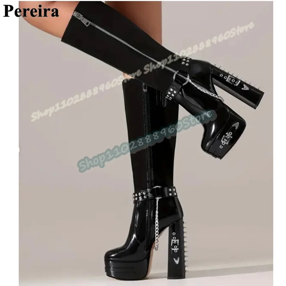Knee High Black Glazed Leather Chain Rivets Platform Boots Chunky High Heel Shoes For Women Side Zipper Round Toe Fashion Boots
Knee High Black Glazed Leather Chain Rivets Platform Boots Chunky High Heel Shoes For Women Side Zipper Round Toe Fashion Boots