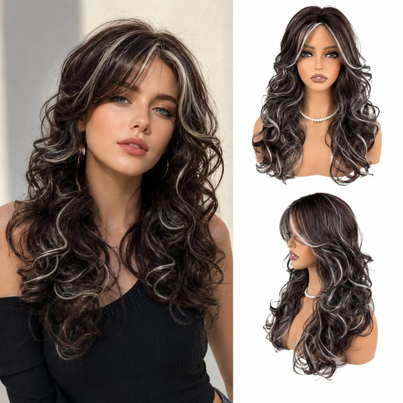 Beautiful woman with highlighted, middle-parted, long curly hair, large waves, synthetic wig made of high-temperature fiber
Beautiful woman with highlighted, middle-parted, long curly hair, large waves, synthetic wig made of high-temperature fiber
