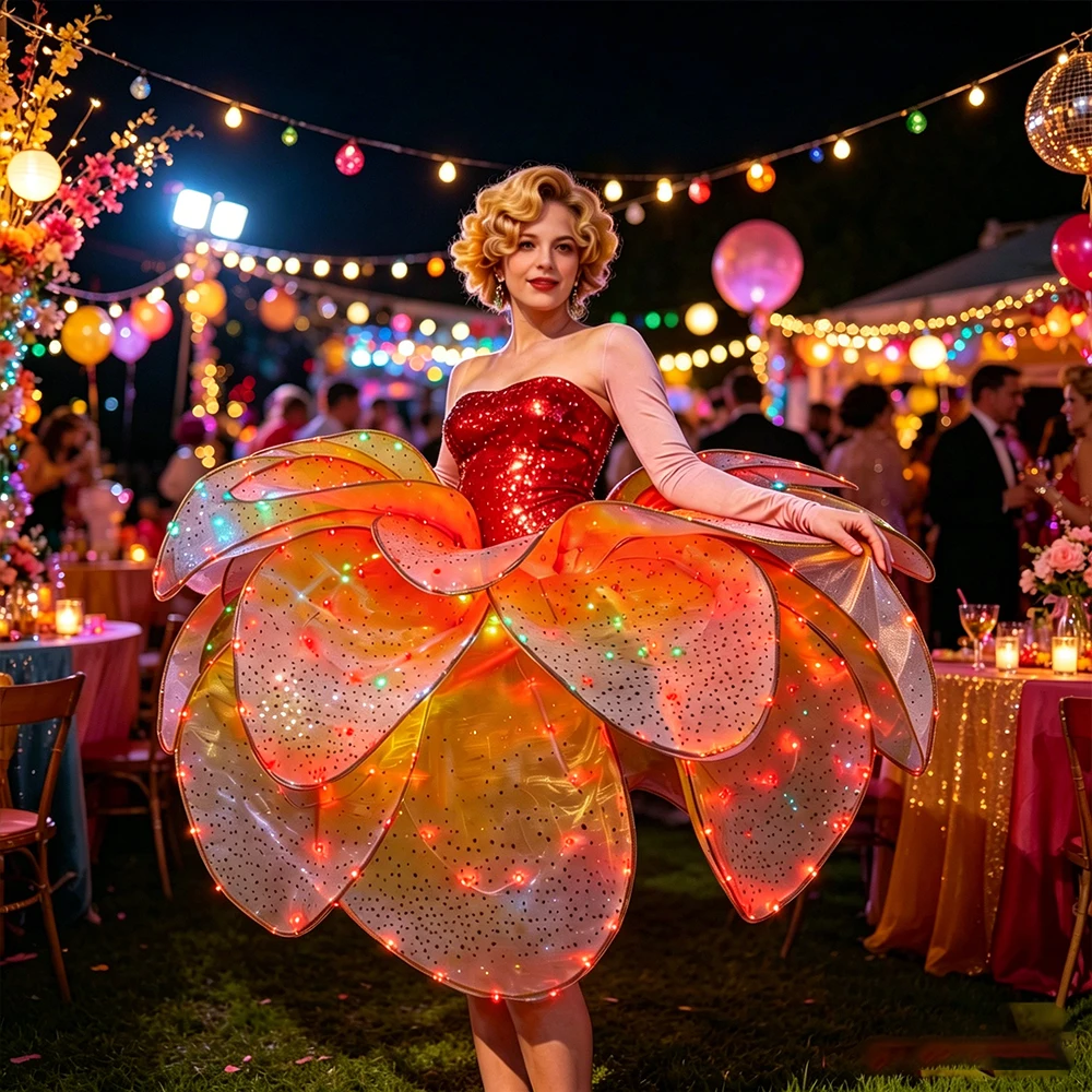 LED Flash Yellow Petal Dress with Pom Pom Modern Dance Performance Outfit Flared Pants Set Purple Pink Blue Flower Skirt
LED Flash Yellow Petal Dress with Pom Pom Modern Dance Performance Outfit Flared Pants Set Purple Pink Blue Flower Skirt
