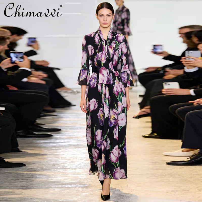 French Elegant Holiday Style Printed Long Dress Lace-up Bow Collar Flare Sleeves High Waist Belt Fashion Summer Dress for Women
French Elegant Holiday Style Printed Long Dress Lace-up Bow Collar Flare Sleeves High Waist Belt Fashion Summer Dress for Women