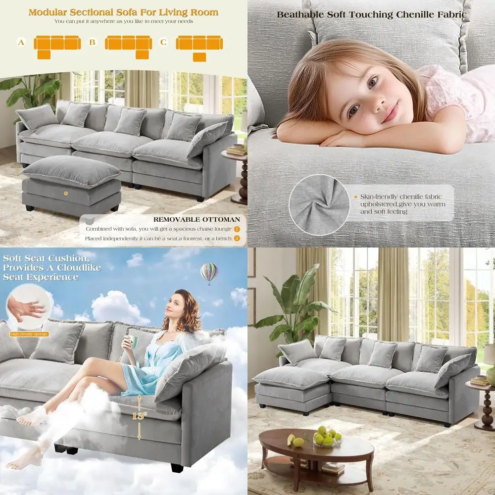 Sectional Sofa with Deep Seating, 3 Seater, Chenille Fabric, Plush Cloud Comfort, Includes Throw Pillows and Movable Ottoman
Sectional Sofa with Deep Seating, 3 Seater, Chenille Fabric, Plush Cloud Comfort, Includes Throw Pillows and Movable Ottoman
