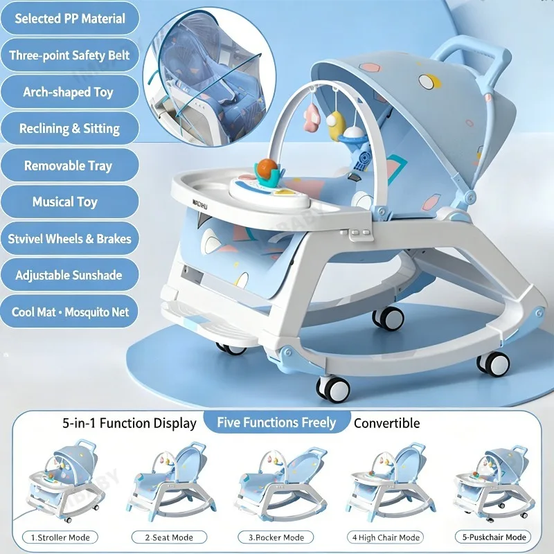 5 in 1 Multi-Function Baby Rocker, Adjustable Infant Rocking Chair Dining Seat Stroller, Music Enlightenment Toy Chair for 0-36M
5 in 1 Multi-Function Baby Rocker, Adjustable Infant Rocking Chair Dining Seat Stroller, Music Enlightenment Toy Chair for 0-36M