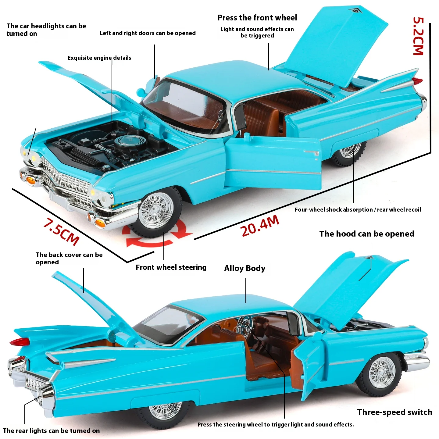 Cadillac Eldorado 1959 Metal Die Cast Retro Car Model 1/24 Scale Sound and Light Back Pull Boy Gift Ornament Halloween Toys
Cadillac Eldorado 1959 Metal Die Cast Retro Car Model 1/24 Scale Sound and Light Back Pull Boy Gift Ornament Halloween Toys