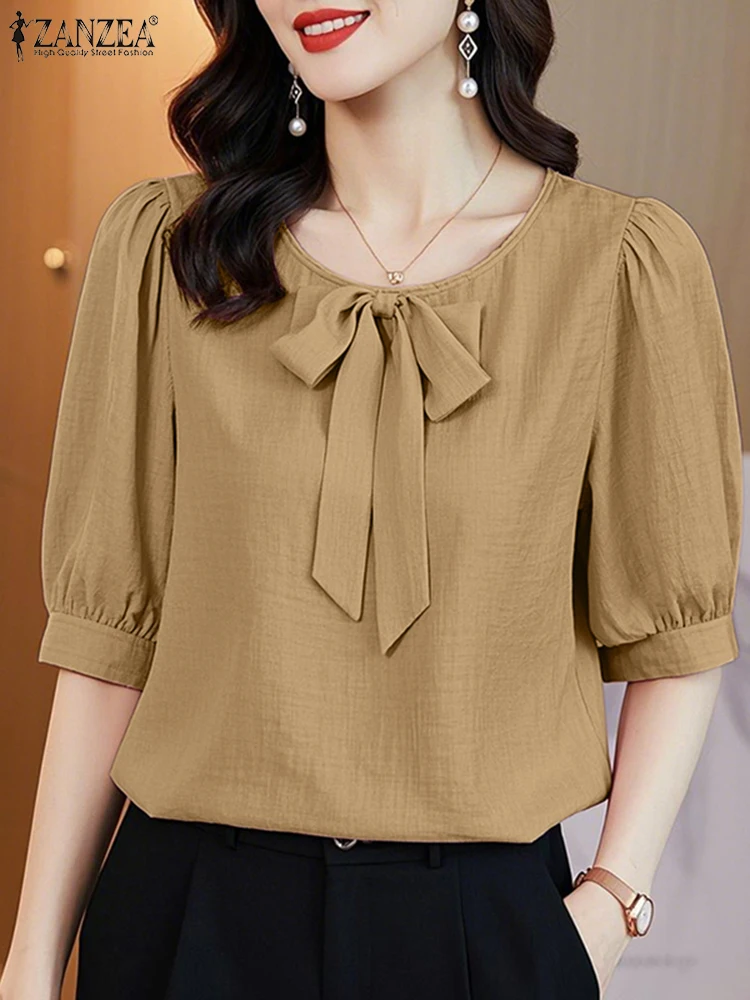 Women Summer Blouses ZANZEA Elegant Solid OL Work Shirt Casual O Neck Short Sleeve Bowknot Tops Tunic Solid Loose Blusas Mujer
Women Summer Blouses ZANZEA Elegant Solid OL Work Shirt Casual O Neck Short Sleeve Bowknot Tops Tunic Solid Loose Blusas Mujer