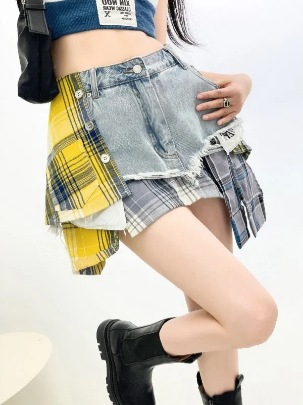 Outlets Design Sense Plaid Splicing Denim Shorts Retro Asymmetrical Skirt Half Skirt Korean Style Loose Fit Summer Cotton
Outlets Design Sense Plaid Splicing Denim Shorts Retro Asymmetrical Skirt Half Skirt Korean Style Loose Fit Summer Cotton