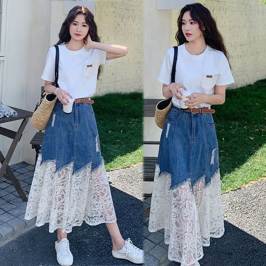 Summer New Arrival Two-Piece Suit Elegant Short Sleeve Lace Splicing Denim Skirt Set Women's Fashionable Round Neck Polyester
Summer New Arrival Two-Piece Suit Elegant Short Sleeve Lace Splicing Denim Skirt Set Women's Fashionable Round Neck Polyester