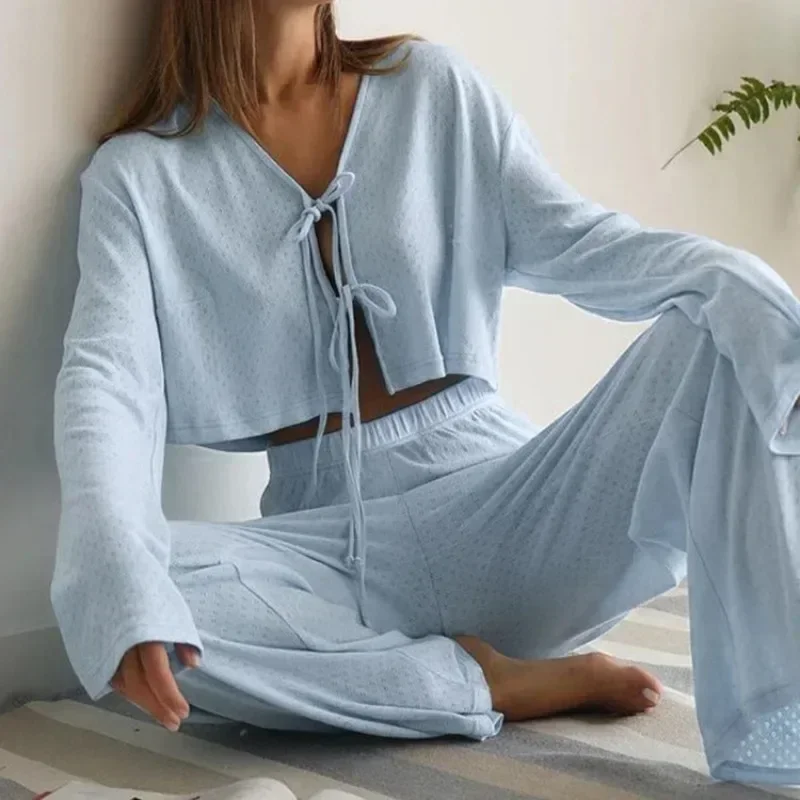 Womens Outfits Cotton Loungewear Knitted Jacquard Long Sleeve Crop Top Lace-up Pajamas and Trousers Two-Piece Set for Women
Womens Outfits Cotton Loungewear Knitted Jacquard Long Sleeve Crop Top Lace-up Pajamas and Trousers Two-Piece Set for Women