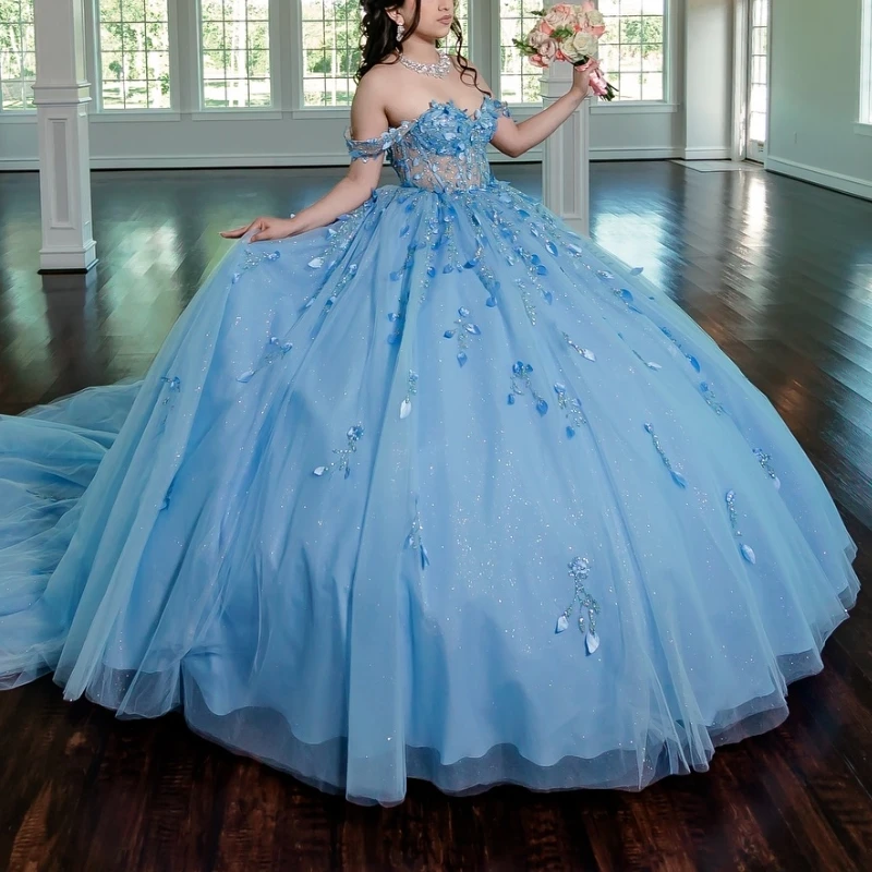 Sky Blue Shiny Quinceanera Dresses Ball Gown Off The Shoulder Applique Lace Beads Corset Tull Party Birthday Sweet 16 Dress Vest
Sky Blue Shiny Quinceanera Dresses Ball Gown Off The Shoulder Applique Lace Beads Corset Tull Party Birthday Sweet 16 Dress Vest