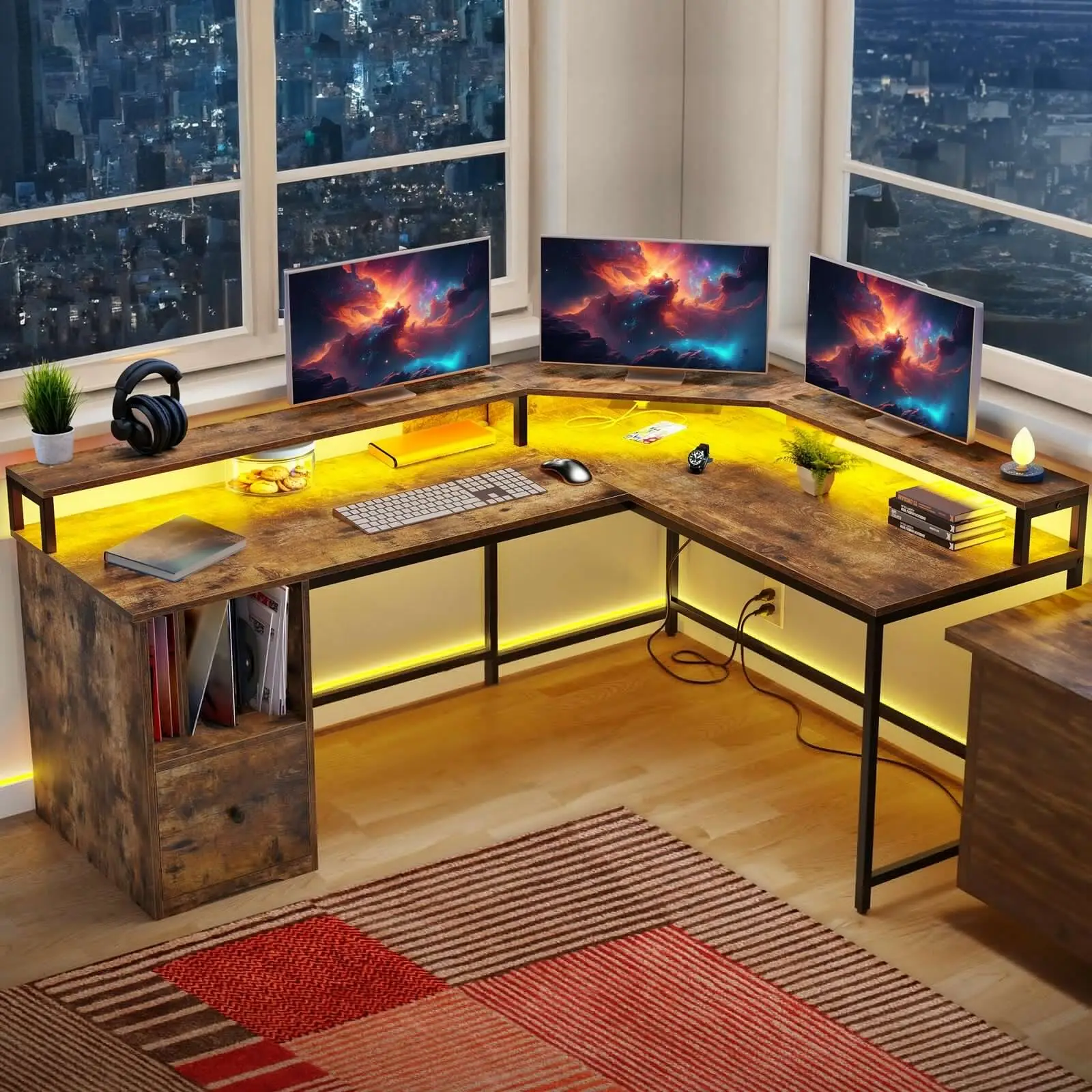 67" L Shaped Computer Desk Home Office Gaming Table w/ File Drawer & LED Lights
67" L Shaped Computer Desk Home Office Gaming Table w/ File Drawer & LED Lights