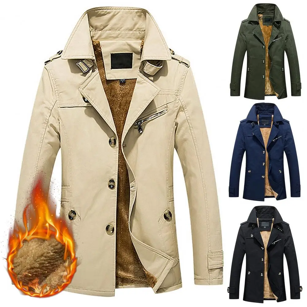 Lapel Long Sleeves Pockets Fleece Lining Buttons Closure Men Windbreaker Autumn Winter Mid-Length Solid Thickened Jacket Coat
Lapel Long Sleeves Pockets Fleece Lining Buttons Closure Men Windbreaker Autumn Winter Mid-Length Solid Thickened Jacket Coat