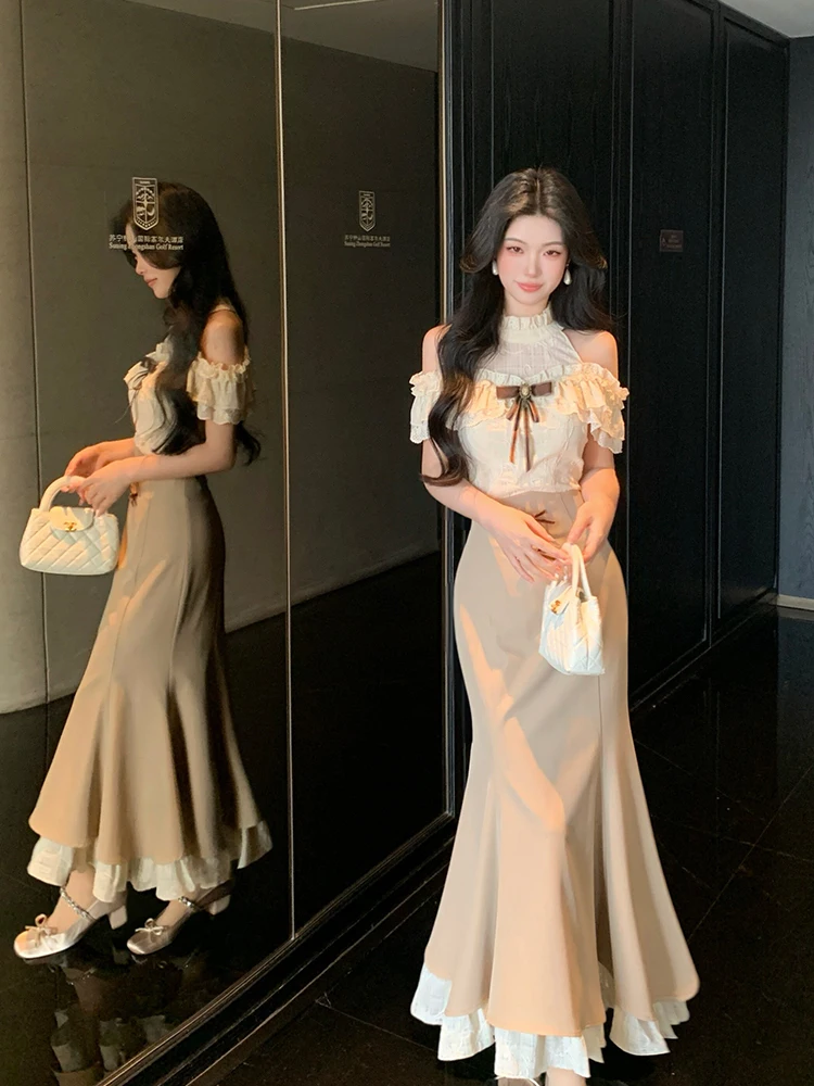 Elegant Pure Desire Shoulder Bared Short Sleeve Fish Tail Long Dress Women's Summer New Style High Waist Slim Fit Bodycon Dress
Elegant Pure Desire Shoulder Bared Short Sleeve Fish Tail Long Dress Women's Summer New Style High Waist Slim Fit Bodycon Dress