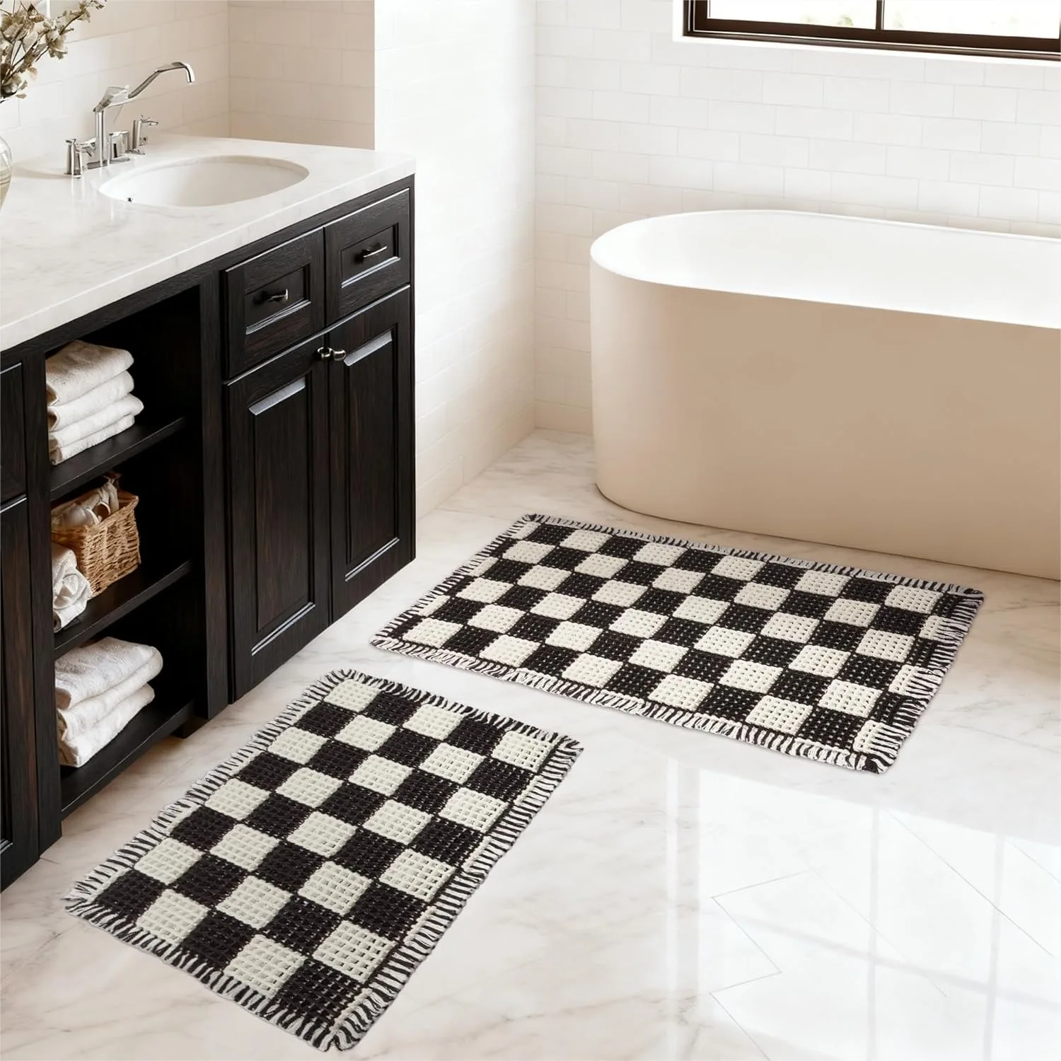 Checkered Bath Mat Set 2 Piece, Black and White Waffle Weave Bathroom Rugs with Tassels, Non-Slip Quick Dry Shower Mats Machine
Checkered Bath Mat Set 2 Piece, Black and White Waffle Weave Bathroom Rugs with Tassels, Non-Slip Quick Dry Shower Mats Machine