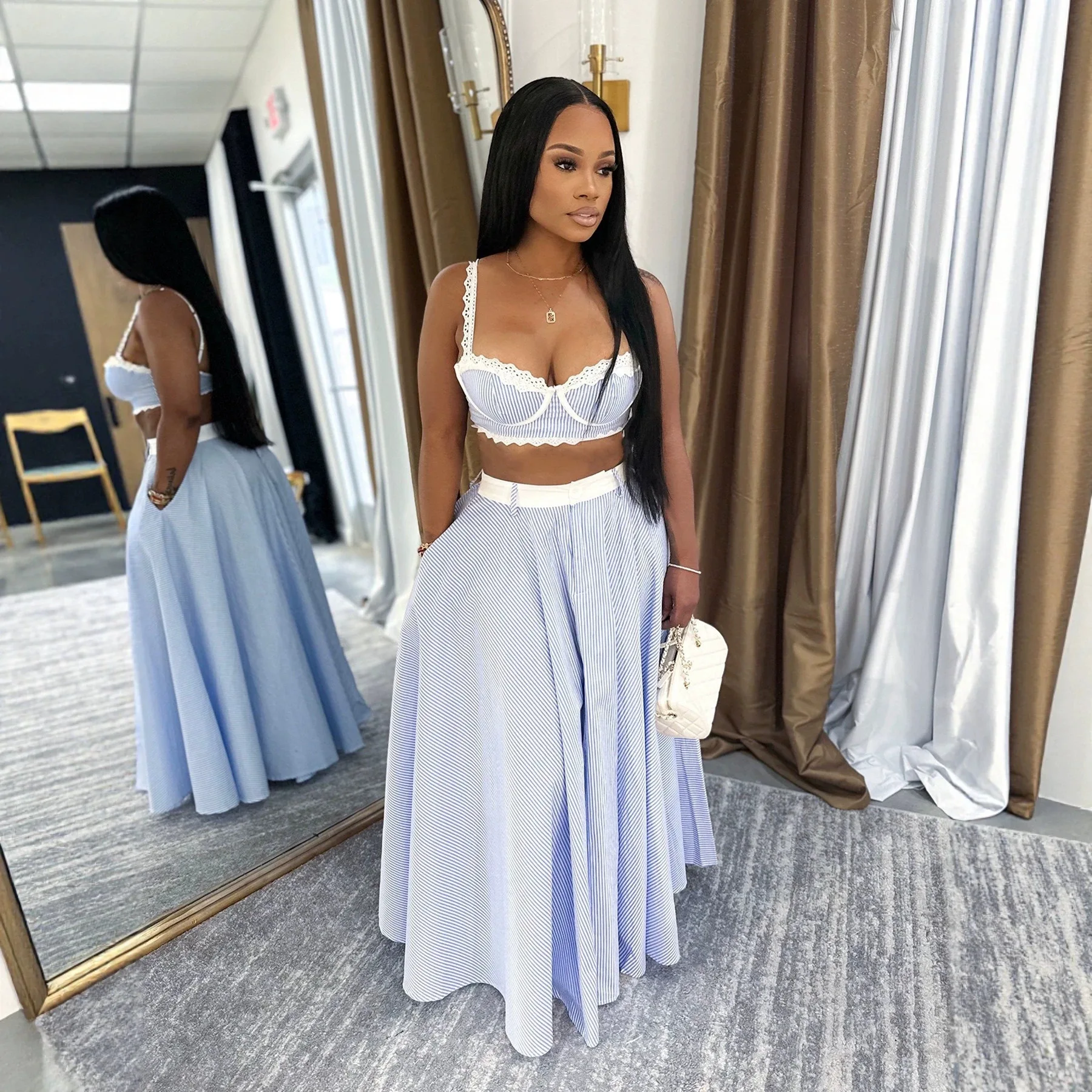 New Sexy And Fashionable Slim Shoulder Strap Striped Vest And A-line Long Skirt Set Vacation Two-piece Set Spliced Women's Dress
New Sexy And Fashionable Slim Shoulder Strap Striped Vest And A-line Long Skirt Set Vacation Two-piece Set Spliced Women's Dress
