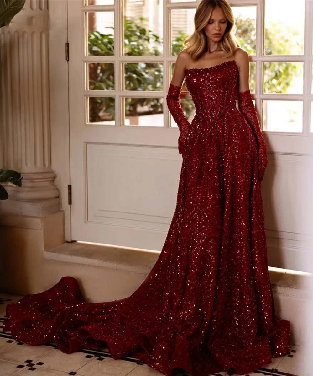 2025 Luxury Dark Red Evening Pageant Dresses Strapless Sequins Beads Formal Prom Party Gowns Valentines Day Robe De Soriee
2025 Luxury Dark Red Evening Pageant Dresses Strapless Sequins Beads Formal Prom Party Gowns Valentines Day Robe De Soriee