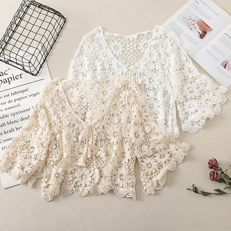 Bohemian Style Lace Hollow out V-Neck Women'S Open Cardigan Tassel Belted Outer Cover Sun Protection Trendy Top
Bohemian Style Lace Hollow out V-Neck Women'S Open Cardigan Tassel Belted Outer Cover Sun Protection Trendy Top