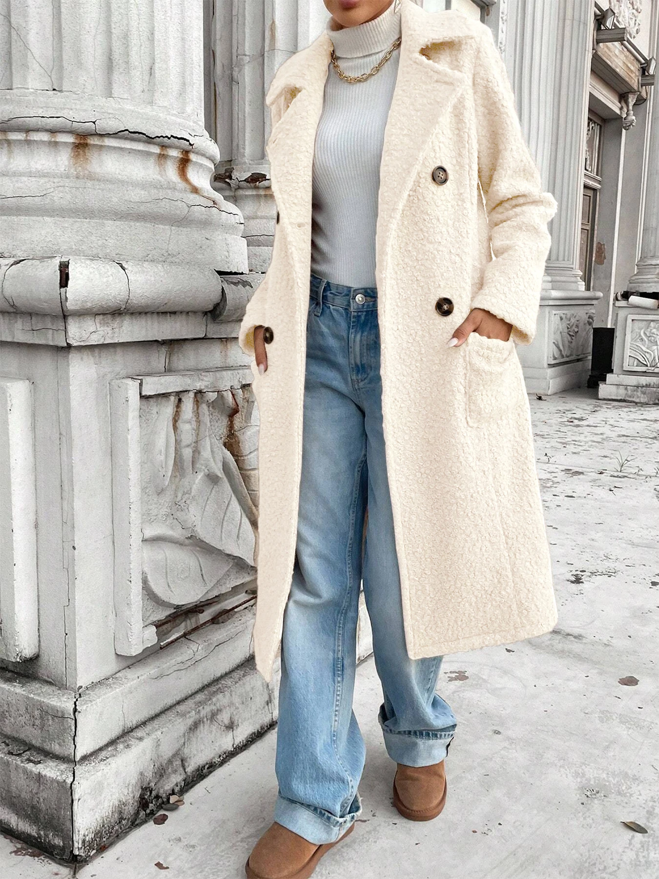 Women's Winter Korean Plush Long Coat, Loose Fit Double Button Overcoat, Warm Casual Outerwear for Fall & Winter Seasons
Women's Winter Korean Plush Long Coat, Loose Fit Double Button Overcoat, Warm Casual Outerwear for Fall & Winter Seasons