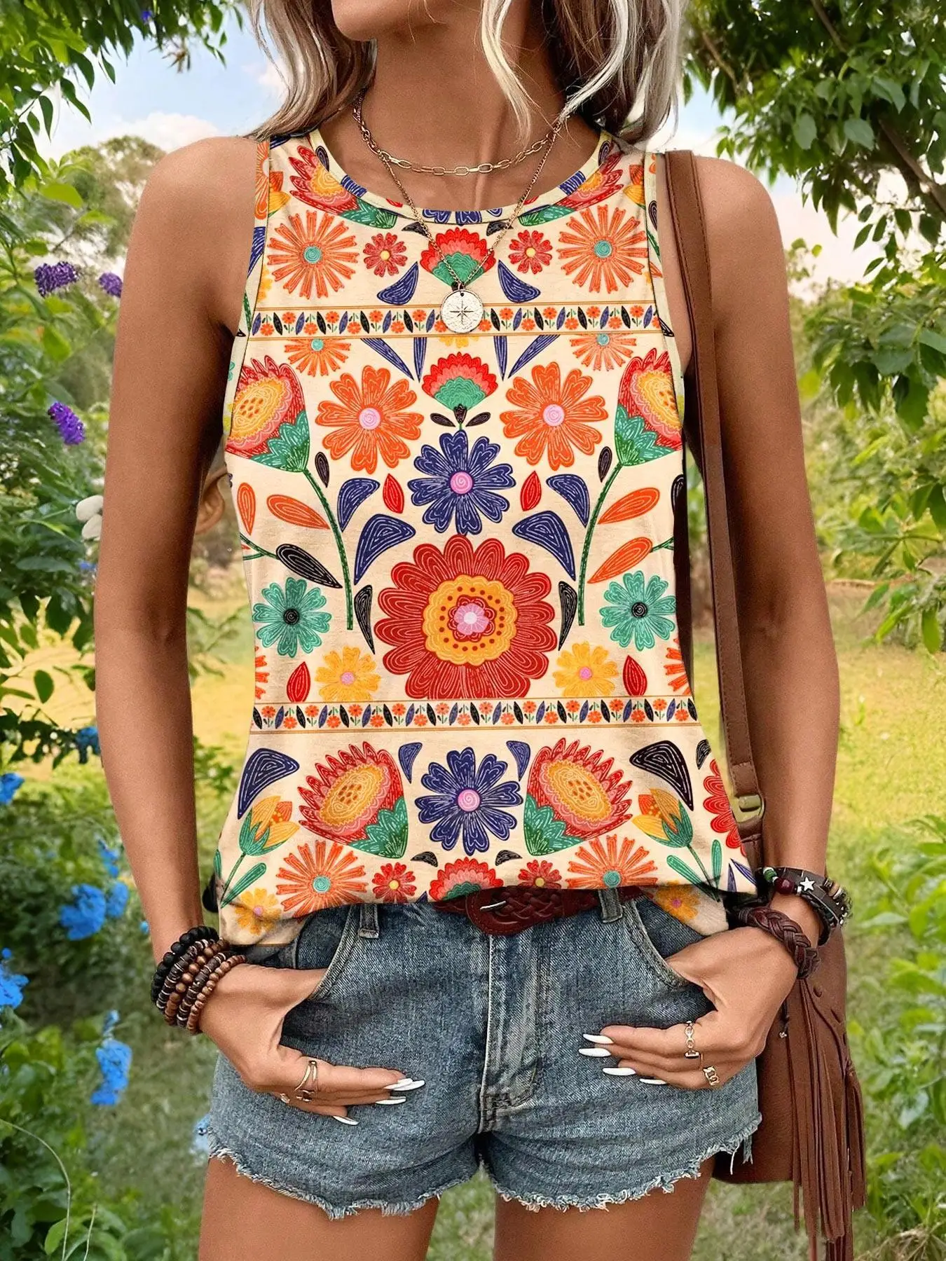 Women's Floral Print Vest, Round Neck Sleeveless Design, Casual Summer for Daily Wear, Loose-Fitting Boho Style 13 S378ba6f01b6545f0bd53893c5f5717f2Q