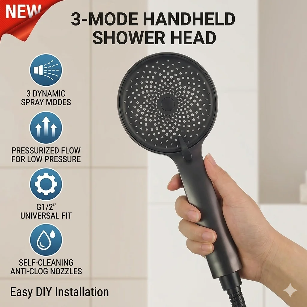 Handheld Shower Head 3-Mode Turbo Pulsed Rain Spray, High Pressure, SPA Bathing, Easy Installation, Bathroom Cleaning, Home Use
Handheld Shower Head 3-Mode Turbo Pulsed Rain Spray, High Pressure, SPA Bathing, Easy Installation, Bathroom Cleaning, Home Use